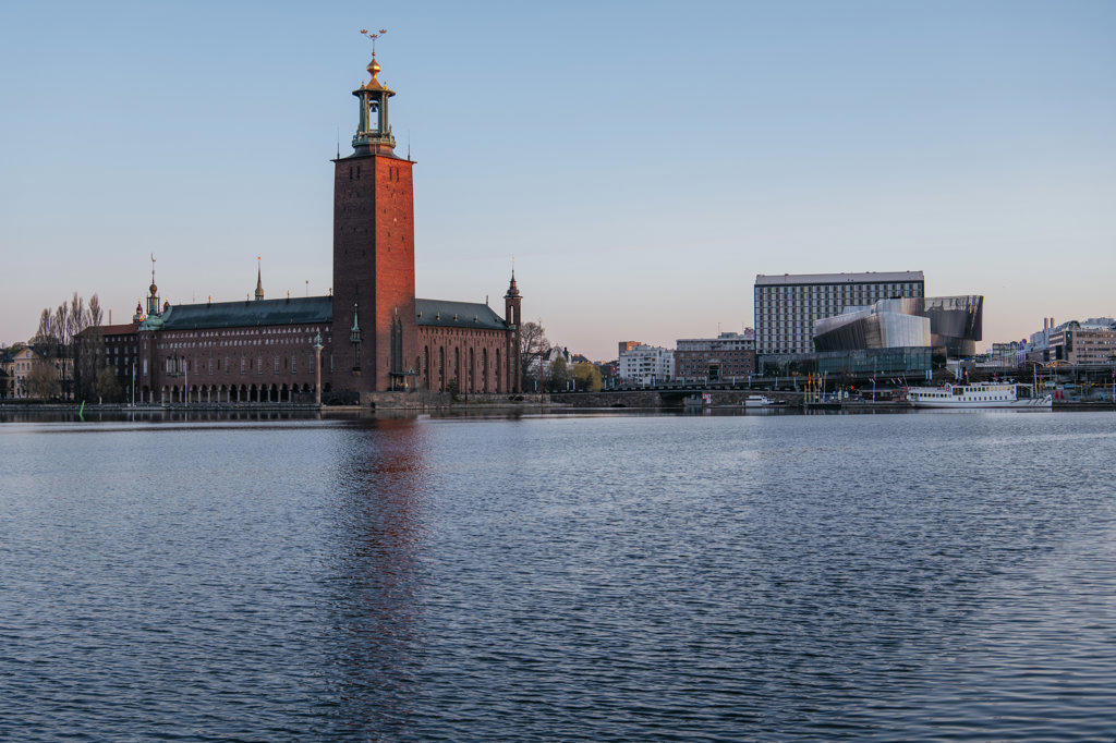 Stockholm City Hall at dawn, Stockholm, Sodermanland and Uppland, Sweden, Scandinavia, Europe