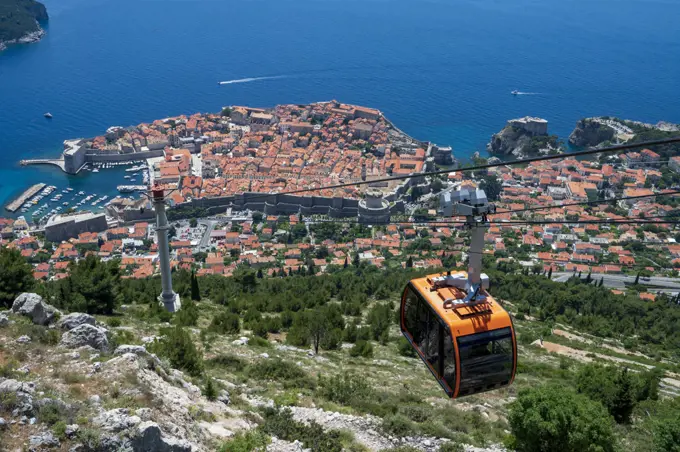 Elevated view of the Old Tow, UNESCO World Heritage Site, with cable car, Dubrovnik, Croatia, Europe