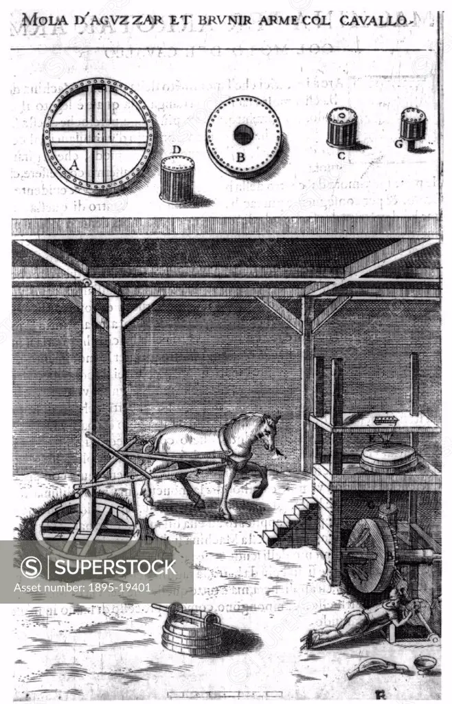 Illustration of a horse-powered mill taken from Branca. - SuperStock