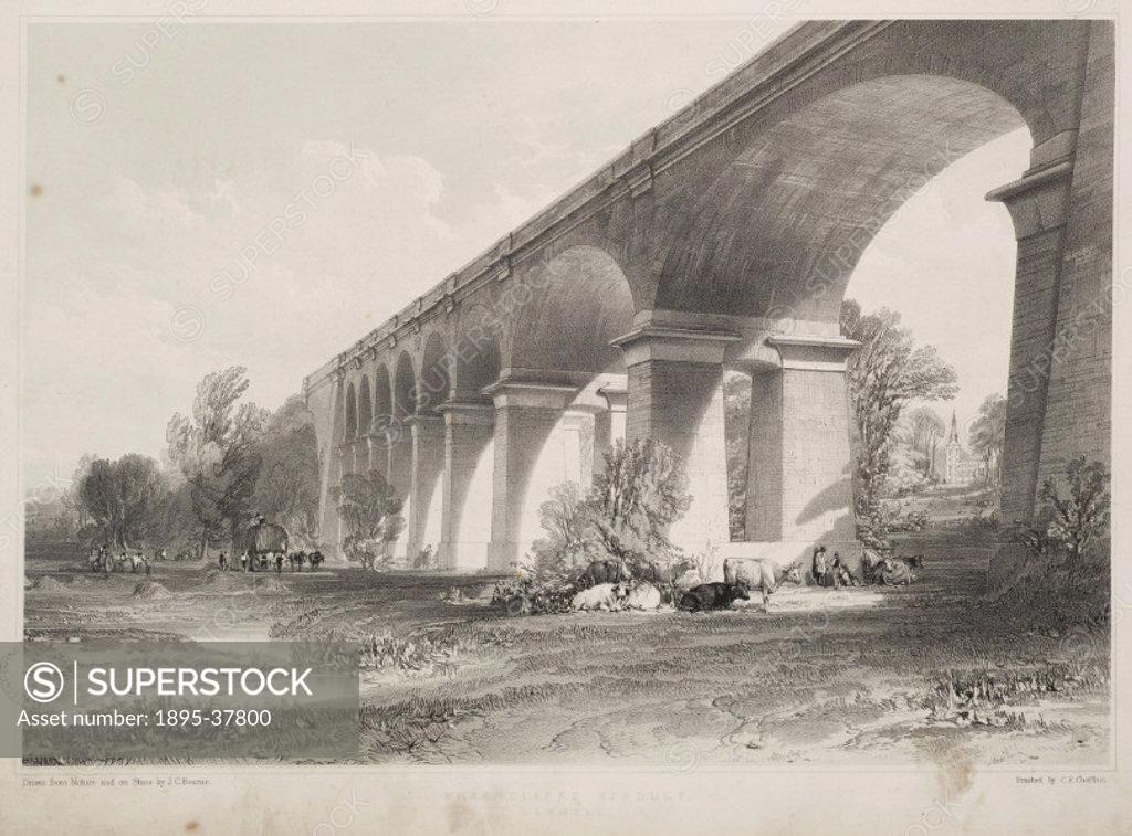 Stock Photo: 1895-37800 Wharncliffe viaduct at Hanwell, Greater London, by John Bourne, 1845.   Bourne is known for his illustrations of railways in the 1830s and 1840s, espe...