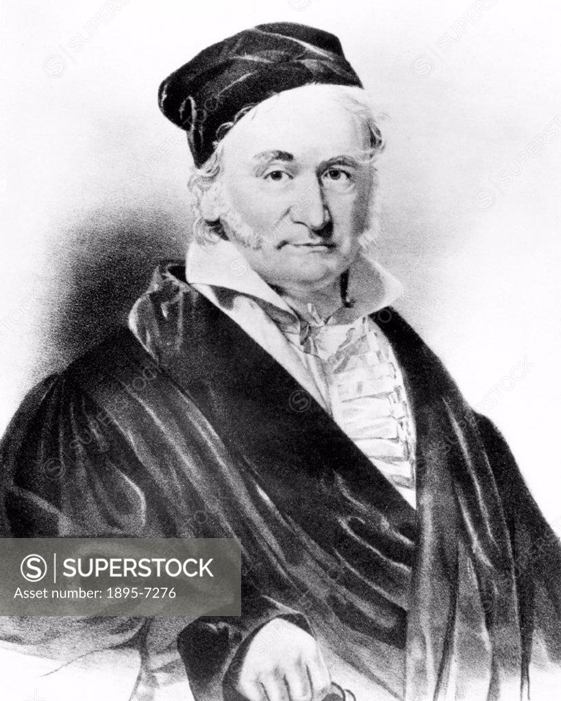 Stock Photo: 1895-7276 Engraving after a painting by Jensen. Carl Friedrich Gauss (1777-1855) together with Baron Augustin Louis Cauchy, founded the modern form of complex a...