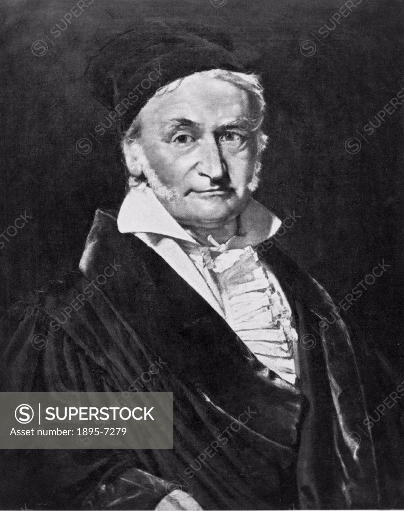 Stock Photo: 1895-7279 Photogravure after a painting by Jensen. Carl Friedrich Gauss (1777-1855) together with Baron Augustin Louis Cauchy, founded the modern form of comple...