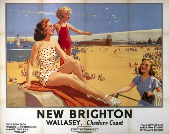 Poster produced for British Railways (BR), London Midland Region (LMR), promoting rail travel to the beaches of New Brighton - a district of Wallesey ...