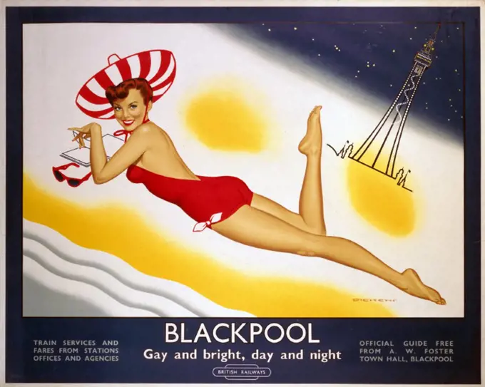 Poster produced for British Railways (BR) London, Midland Region to promote train services to the popular Lancashire seaside resort of Blackpool, show...