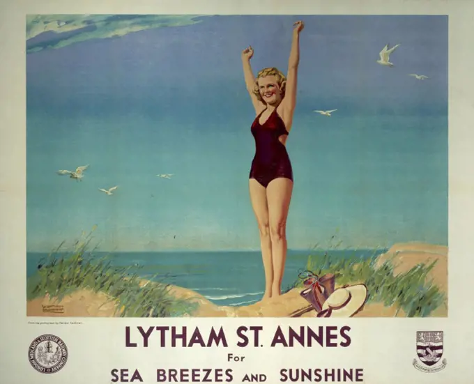 Poster produced for the London Midland & Scottish Railway (LMS), promoting rail travel to the Lancashire coastal resort of Lytham St Annes, showing a ...
