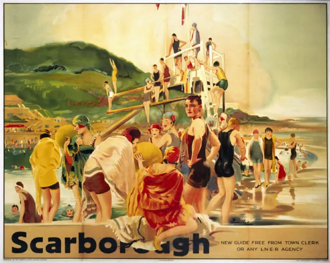 Poster produced for the London & North Eastern Railway (LNER), promoting rail travel to the Yorkshire seaside resort of Scarborough, showing male and ...