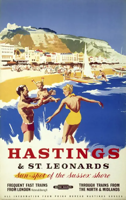 Poster produced for British Railways (BR) Southern Region to promote rail travel to the East Sussex seaside resorts of Hastings and St Leonards. The p...