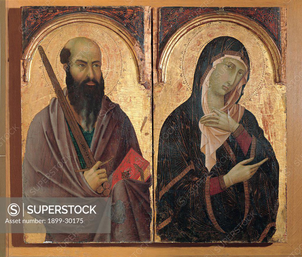 Stock Photo: 1899-30175 Polyptych with Saints (St John the Evangelist, St Romuald, St Paul and Mary), by Segna di Bonaventura, 1298 - 1331, 14th Century, painting on wooden board. Italy, Tuscany, Siena, National Gallery of Art. Detail. St Paul beard sword book red Madonna Virgin Mary Adlocutio.
