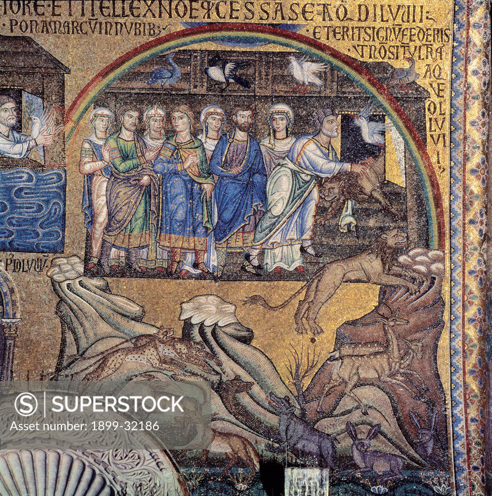 Stock Photo: 1899-32186 Stories of Noah and the Flood of the Rainbow (Alliance of Mercy), by Unknown, 13th Century, mosaic. Italy, Veneto, Venice, St Mark's Basilica. Detail Scenes from the life if Noah and the Deluge: the Flood rainbow the alliance of mercy men animals Noah's ark family gold.