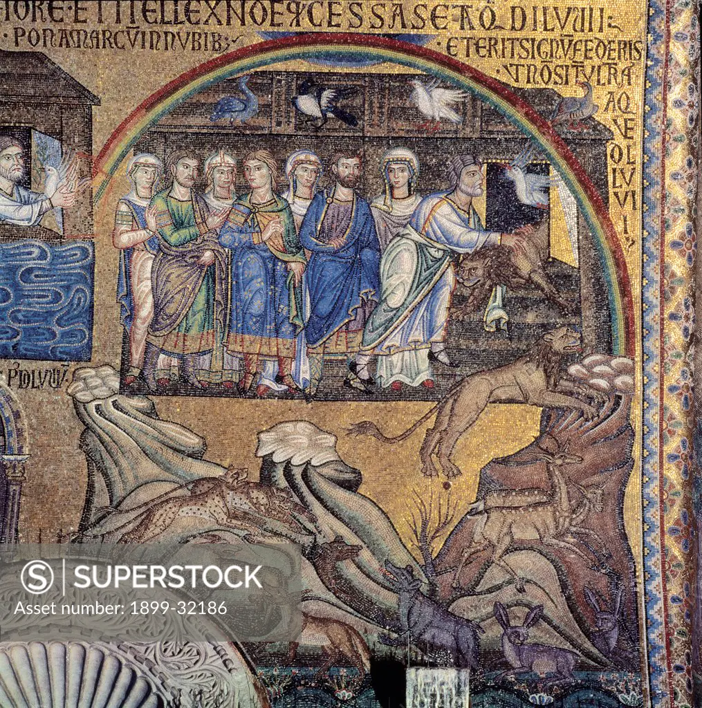 Stories of Noah and the Flood of the Rainbow (Alliance of Mercy), by Unknown, 13th Century, mosaic. Italy, Veneto, Venice, St Mark's Basilica. Detail Scenes from the life if Noah and the Deluge: the Flood rainbow the alliance of mercy men animals Noah's ark family gold.
