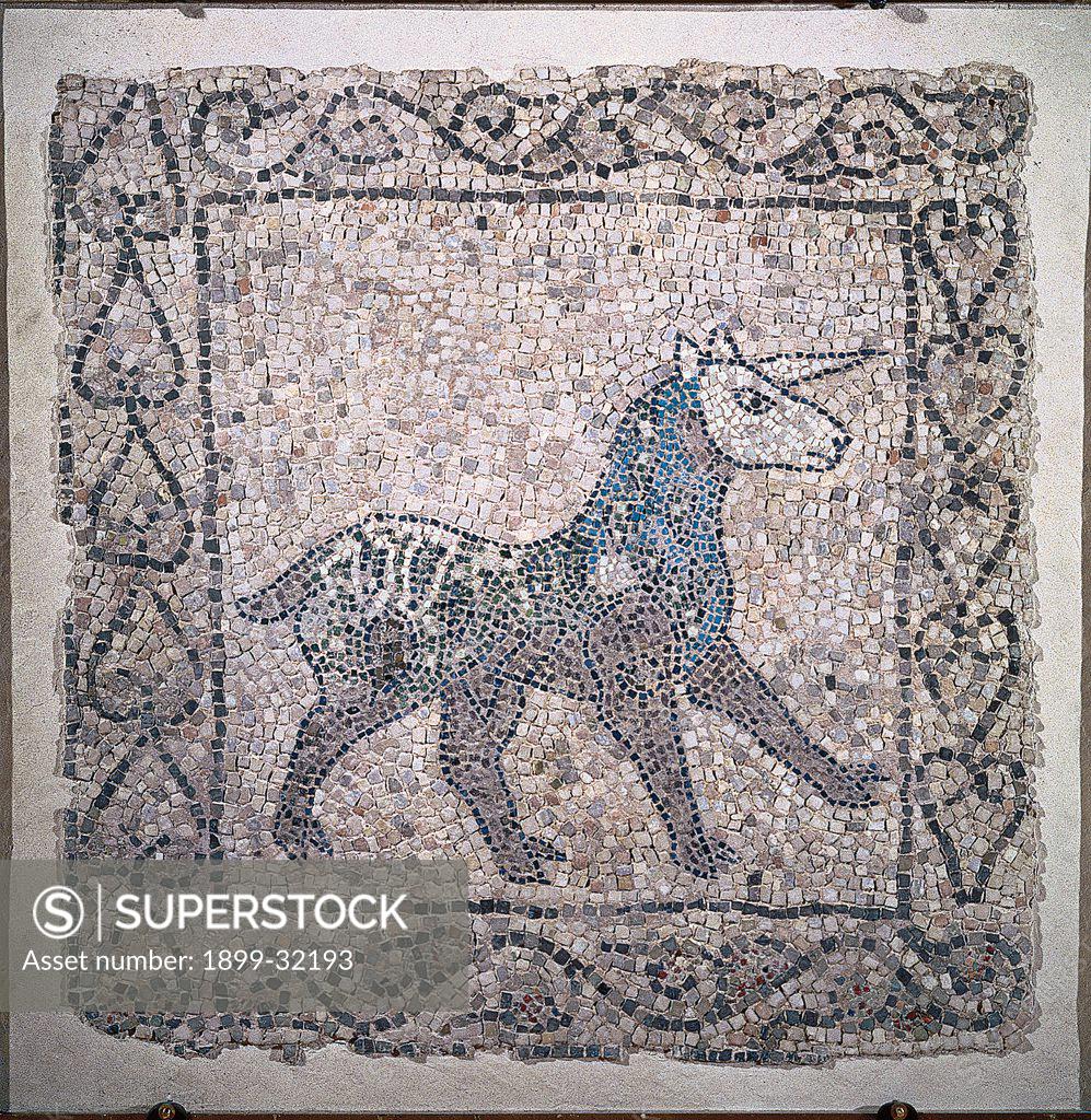 Stock Photo: 1899-32193 Unicorn, by Unknown, 13th Century, polychrome mosaic. Italy, Emilia Romagna, Ravenna, National Museum. Whole artwork. Panel frame frieze unicorn white black tesserae brown.