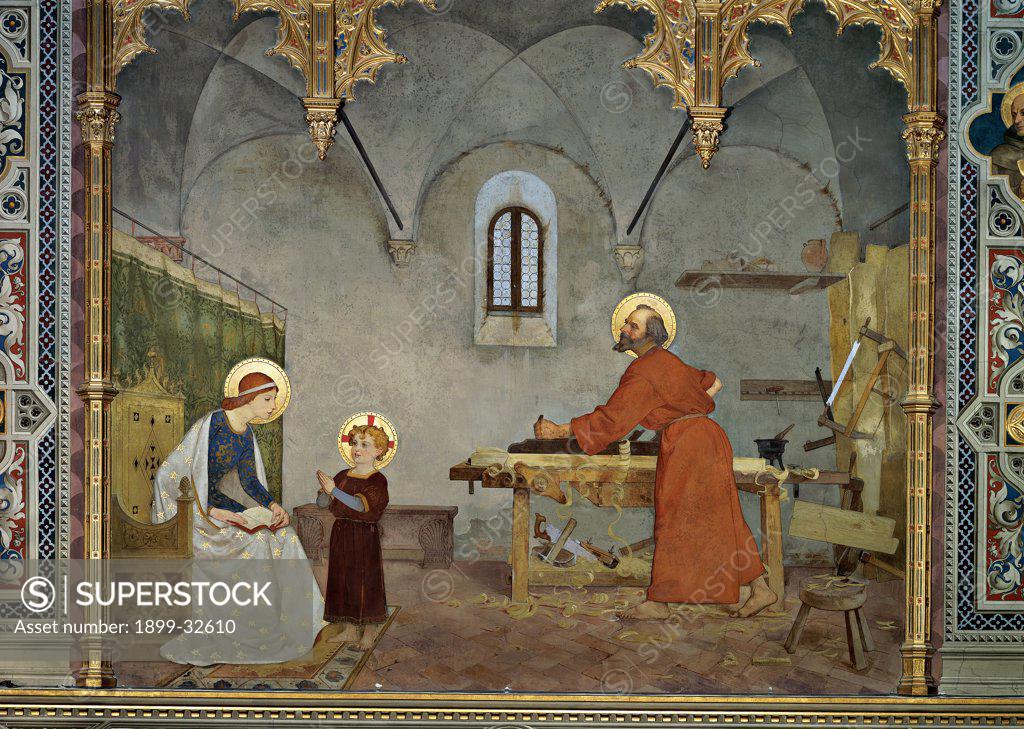 Stock Photo: 1899-32610 St Joseph at Work, by Faustini Modesto, 1887 - 1890, 19th Century, canvas. Italy, Marche, Loreto, Ancona, Spagnola Chapel. Whole artwork. Virgin Mary, Infant Jesus: Christ Child: Baby Jesus: Child Jesus con St Joseph at work in his carpenter's: joiner's shop. Tools, high-backed chair, arched window, vaulted interior, golden aureoles: halos, frame with g.