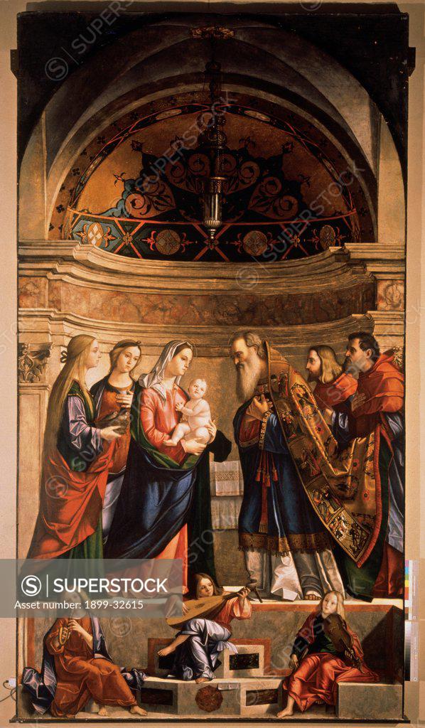 Stock Photo: 1899-32615 Presentation of Jesus in the Temple, by Carpaccio Vittore, 1510, 16th Century, panel. Italy, Veneto, Venice, Accademia Art Galleries. Whole artwork. Presentation of Jesus at the Temple Madonna Virgin Mary high priest Child Jesus: Baby Jesus: Christ Child onlookers bystanders angels musicians violin flute stringed instrument niche lantern arch wall decoration.