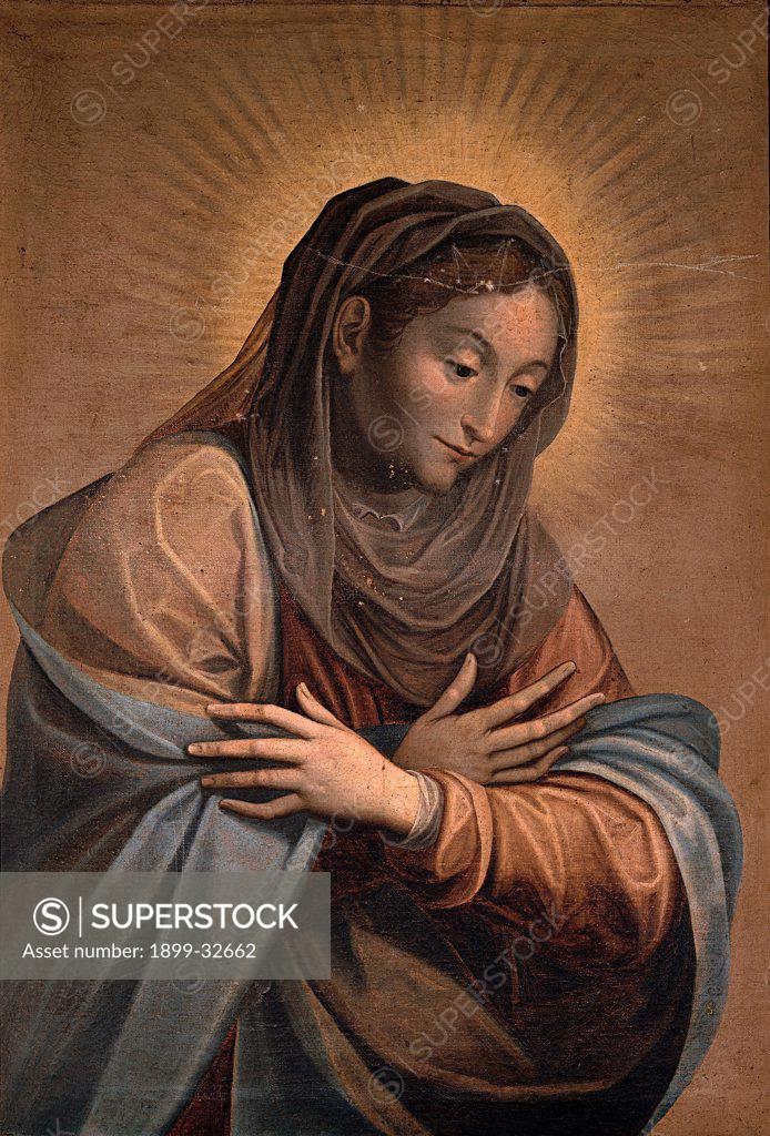 Stock Photo: 1899-32662 The Virgin Mary Praying, by Caccia Guglielmo know as Moncalvo, 17th Century, oil on canvas. Italy, Lombardy, Monza, Brianza, Cathedral. Whole artwork. Virgin Mary Madonna halo: aureole radiating light rays of light brightness cloak: mantle drapery: draping veil arms crossed over chest brown hues: tones blue.
