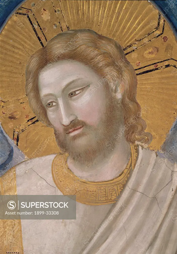 Stories of the Passion of Christ of The Resurrection, by Giotto, 1304, 14th Century, fresco. Italy, Veneto, Padua, Scrovegni Chapel. Scenes from the Life of Christ of the Resurrection, Jesus' face halo. aureole dress. garment white gold gray pink brown tones. hues.