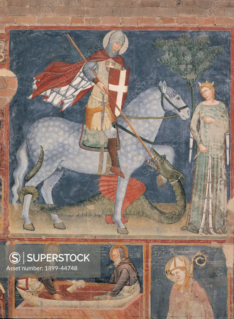 St George and the Princess, by Master of the Last Judgment, 14th Century, fresco. Italy: Veneto: Verona: San Zeno in Oratorio Church. Whole artwork. Panel scene St George knight crossed shield mantle/cloak helmet lance/spear St George kills the dragon and saves/rescues the princess crown
