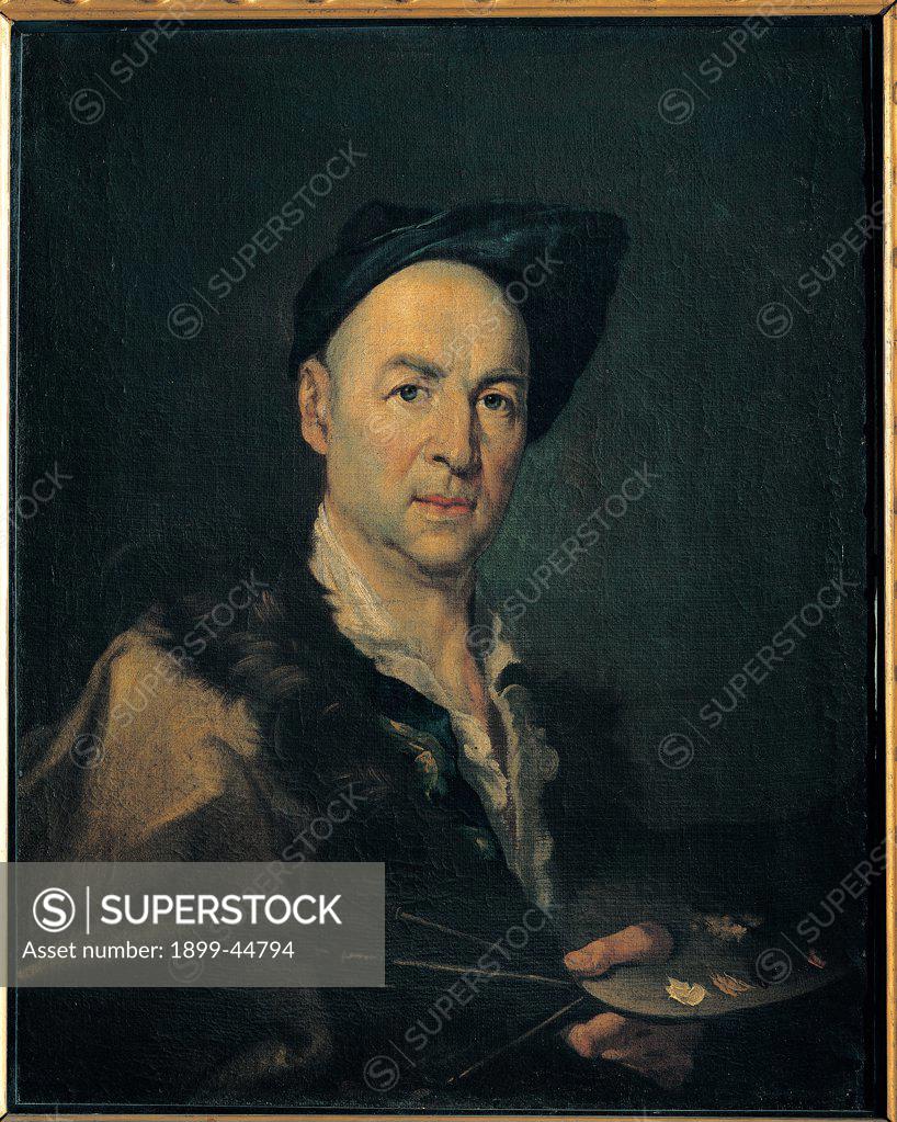 Stock Photo: 1899-44794 Portrait of a Painter, by Ceruti Giacomo know as Pitocchetto, 1745 - 1755, 18th Century, oil on canvas. Italy: Lombardy: Milan: Brera Art Gallery. Whole artwork. Portrait man male figure painter half-bust hat headgear/headdress paints palette brush
