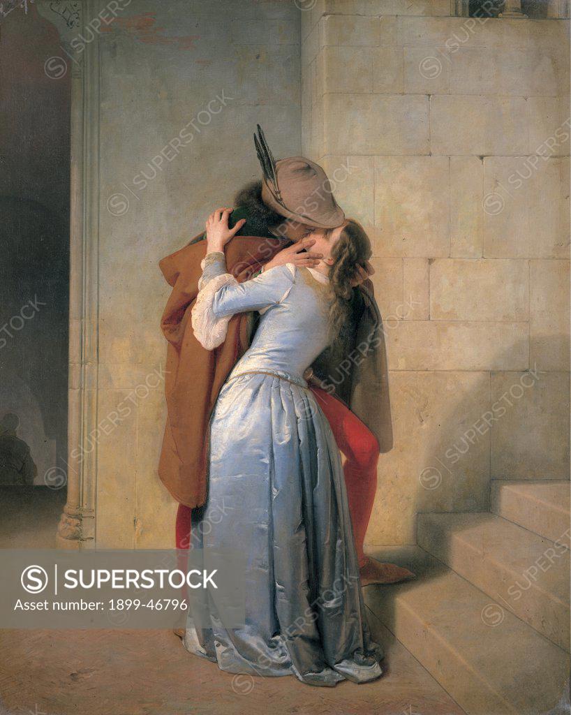 Stock Photo: 1899-46796 The Kiss, by Hayez Francesco, 1859, 19th Century, oil on canvas. Italy: Lombardy: Milan: Brera Art Gallery. Whole artwork. man feathered hat tights red mantle/cloak brown cloak/cape kiss woman light blue/azure dress/cloth light stairs shadows embrace/hug