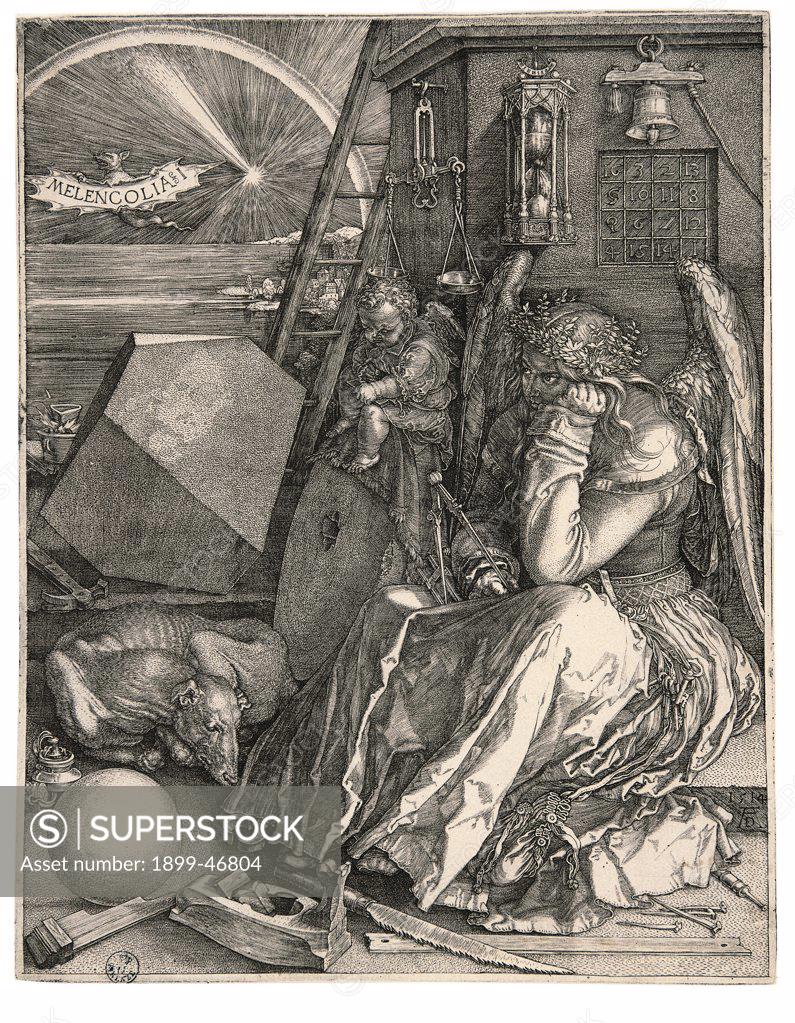 Stock Photo: 1899-46804 Melencolia I, Melancholia I, by Durer Albrecht, 1514, 16th Century, burin engraving. Italy: Tuscany: Florence: Uffizi Gallery: Cabinet of Drawings and Prints, inv. 4680 st. sc.. Whole artwork. Melancholy I - Melancholy tools woman wings keys nails dog ball sphere rock polyhedron ladder putto/cherub hourglass/sandglass bell light bat writing/inscription balance/scale/scales hammer plane saw crown of laurel compasses/caliper/calipers wheel landscape beach/sea-shore night darkness arch comet balcon