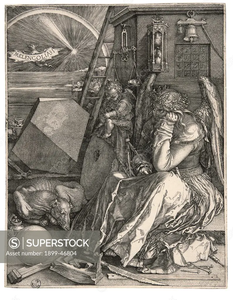 Melencolia I, Melancholia I, by Durer Albrecht, 1514, 16th Century, burin engraving. Italy: Tuscany: Florence: Uffizi Gallery: Cabinet of Drawings and Prints, inv. 4680 st. sc.. Whole artwork. Melancholy I - Melancholy tools woman wings keys nails dog ball sphere rock polyhedron ladder putto/cherub hourglass/sandglass bell light bat writing/inscription balance/scale/scales hammer plane saw crown of laurel compasses/caliper/calipers wheel landscape beach/sea-shore night darkness arch comet balcon