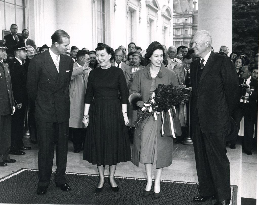 October 17, 1957 -- Queen Elizabeth II and Prince Philip are greeted by President and Mrs. Eisenhower during the royals' state visit to the United States. Photo: Abbie Rowe