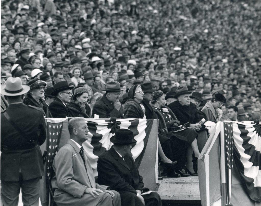 Byrd Stadium, University of Maryland, October 19, 1957 -- Queen Elizabeth II attends an American-style football game between the college teams from University of Maryland and the University of North Carolina during her visit to the US in 1957. Photo: Abbie Rowe