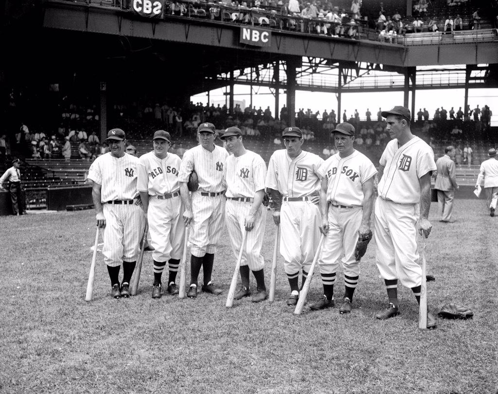 1937 Major League Baseball All-Star Game with featured hitters Left to right: Lou Gehrig, Joe Cronin, Bill Dickey, Joe DiMaggio, Charley Gehringer, Jimmie Foxx, and Hank Greenberg circa July 7 1937.