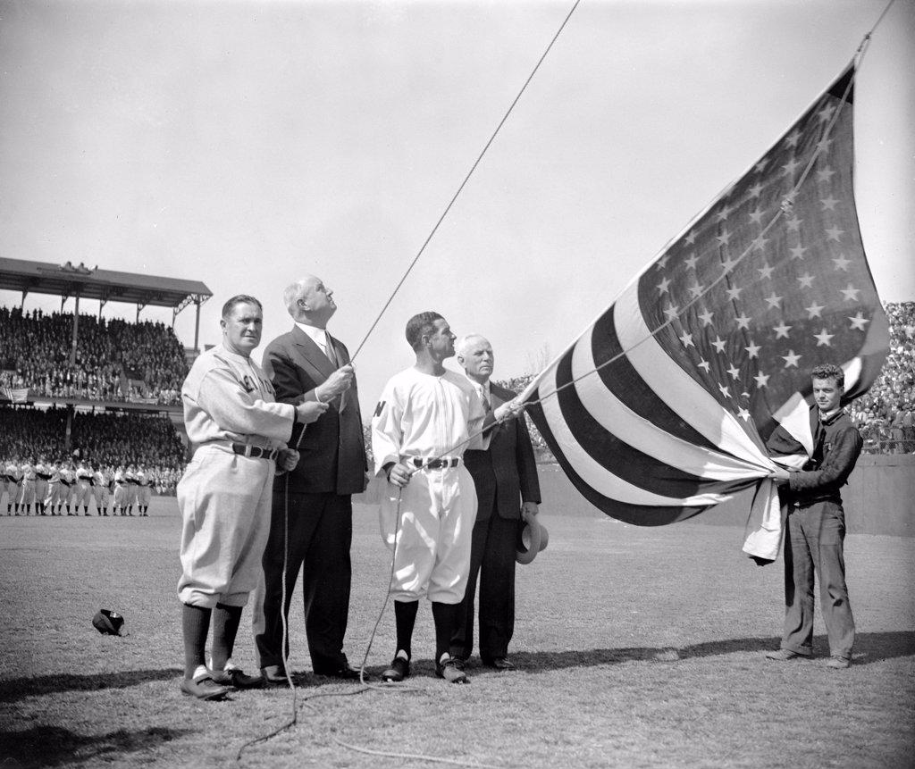 Yankee manager Joe McCarthy, Postmaster General James A. Farley, National's Manager Bucky Harris, and Clark Griffith, owner of the Nat's Club during opening day ceremonies on April 21, 1939.
