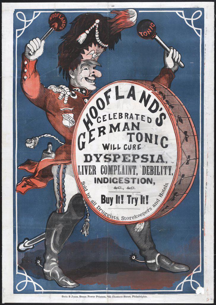 Hoofland's celebrated German tonic water will cure dyspepsia, liver complaint, debility, indigestion circa 1860s advertisement.