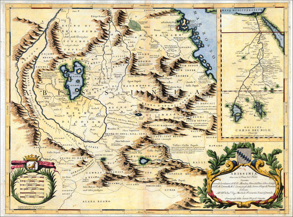 A Venetian cartographer, Coronelli (1650-1718)  cites his sources for this Nile map, including the Portuguese Jesuits Pedro Páez and Jerónimo Lobo, and contrasts his work with an inset showing the “original” (that is, outdated) course of the Nile as presented by past geographers, who followed the Ptolemaic tradition of two source lakes. Páez and Lobo had visited Ethiopia in the early 1600s, and both gave accounts of having seen the springs that natives believed to be the river’s source, though the Jesuits failed to distinguish between the two branches of the river. Coronelli’s Nile is the Blue Nile, and his geography is fairly accurate for that branch, identifying the significance of Lake Tsana and the clockwise unfolding of the river as it descends from there.