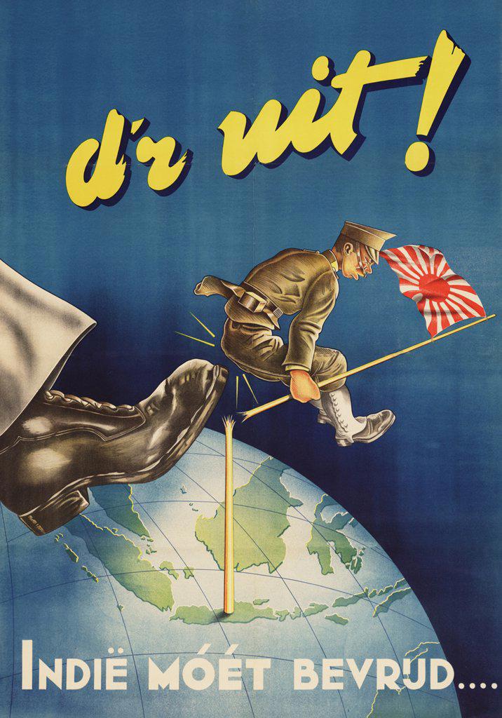 This 1945 recruiting poster by the Dutch artist Nico Broekman shows a Japanese soldier being booted from the island of Java, and the caption, 'Get Out! The Indies Must Be Liberated.' During World War II, Japan occupied the Dutch East Indies in early 1942. After the surrender, a large number of Dutch submarines and some aircraft escaped to Australia and continued to fight as part of Australian units. In the course of the war, Indonesian nationalists supported by the Japanese took over parts of the country. Allied troops invaded Borneo in July 1945, bringing with them a restoration of Dutch colonial rule. The Dutch fought the Indonesian nationalists for the next four years, before finally granting independence in 1949.