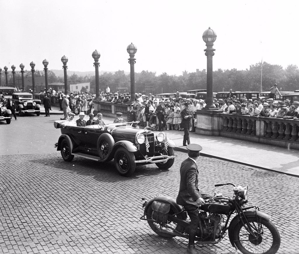 Automobile and crowd outside Union Station, Washington, D.C. circa 1930. 