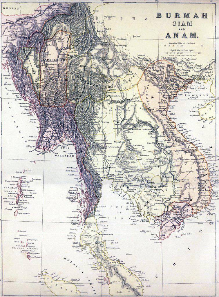 A Political map of mainland Southeast Asia including Burma, Thailand, Laos, Cambodia and Vietnam, as well as peninsular Malaysia, the Andaman and Nicobar Islands, and part of Sumatra. Published, apparently, just before the 3rd Anglo-Burmese War (1885-86) which would extinguish Burmese independence, it shows 'Independent Burma' in an approximate rectangle around Mandalay. To the east lies the 'Independent Shan Country' encompassing the Burmese Shan States and northern Laos. East of this again is Tonkin, or northern Vietnam, where the 'Independent Tribes' represent the semi-independent Tai domain of Sipsongchuthai, absorbed by the French in 1888 and now a part of Vietnam. South of this again, the 'Shan States' encompass the former Lan Na Kingdom centred on Chiang Mai to the west, and the Lao kingdoms of Luang Prabang, Vientiane and Champassak to the east. Chiang Mai is no longer shown as extending west of the Salween River, as is the case in some earlier European maps. Interestingly (and