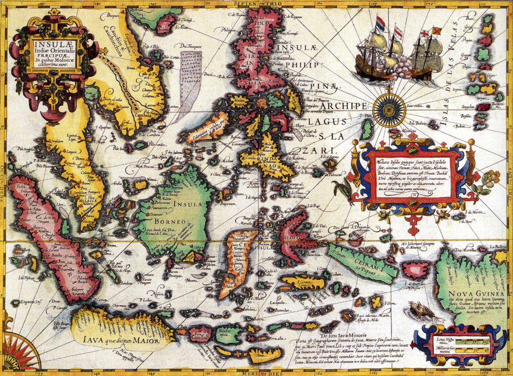 A highly decorative map of the East Indies from the Mercator-Hondius Atlas. It extends from the Philippines to Timor and Sumatra to New Guinea, detailing the Spice Islands, a region of great importance to seventeenth century Europe, but one about which little was known at the time. Hondius based his map on portolan charts by Portuguese cartographer Bartolomeu Lasso.  Of particular note is the comment Huc Franciscus Dra. Appulit, which appears by the unknown southern coast of Java, representing Drake's landing during his circumnavigation of the globe in 1577-80. Of considerable contemporary relevance, the map also shows a highly stylised diagram of the Spratly Islands and perhaps the Paracels in the South China Sea, indicating ownership lying with Vietnam and Indochina, not - as vociferously claimed by the People's Republic - with China. This map follows very shortly the extension of Dutch control over the islands. In 1602 the Dutch East India Company was formed, and within a couple dec