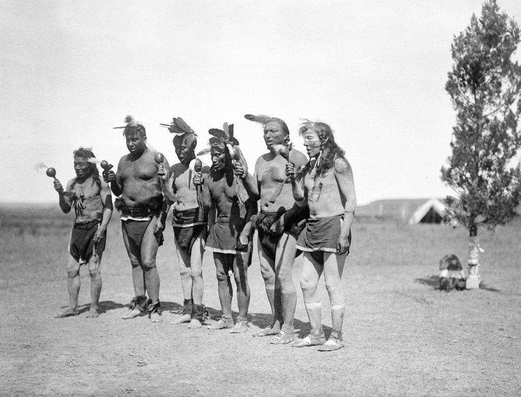 Photo shows six Arikara men standing in line in front of cedar tree, holding rattles and singing. 