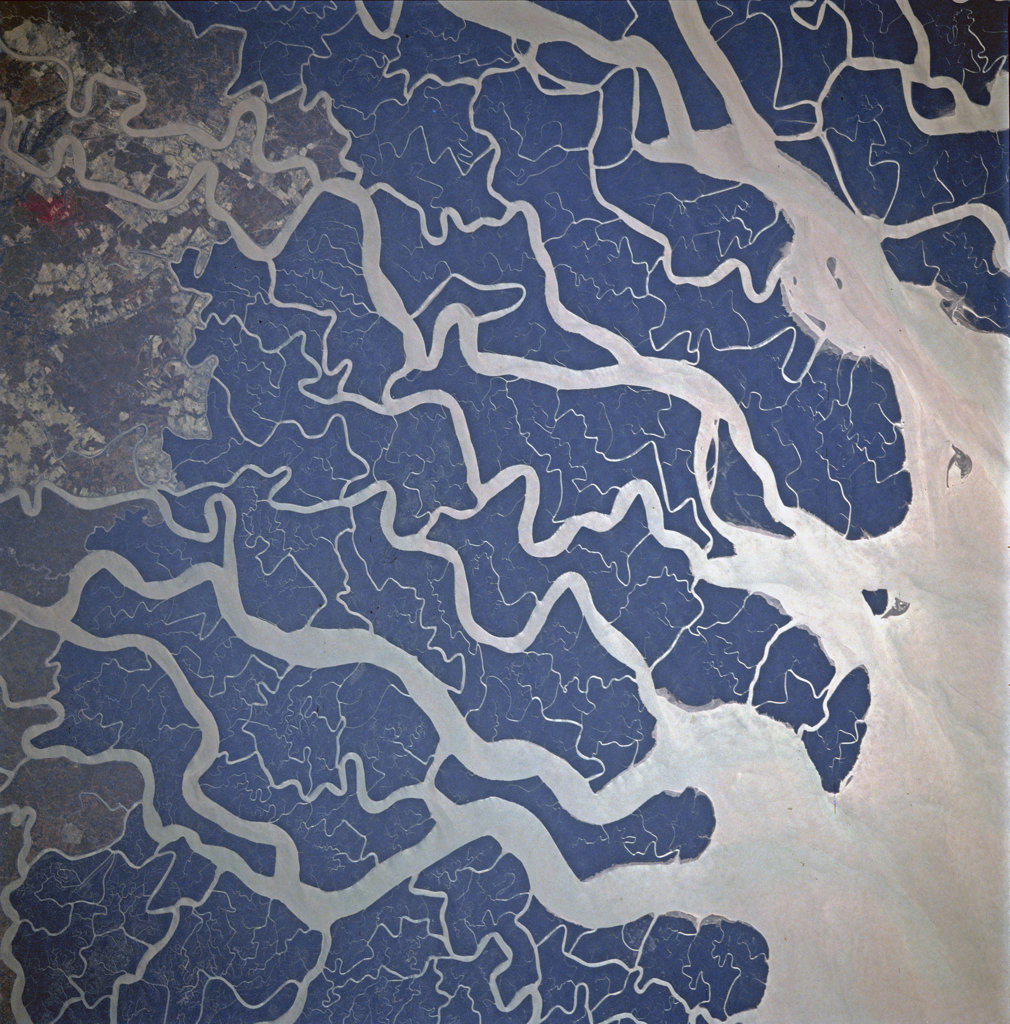 STS087-707-092 (19 November - 5 December 1997) --- Featured in this view is the Ganges River delta.  A glacier at about 22,100 feet in the Himalayas is the source of the Ganges River.  Hundreds of miles later and joined by other tributaries the Ganges delta enters the Bay of Bengal.  The delta, at 200 miles wide (320 kilometers) is one of the most fertile and densely populated regions of the world.  The eastern side of the delta changes rapidly and forms new land because of rapid sedimentation.  The southern part of the delta has a darker appearance because of tidal forests, swampland, and mangroves.  The Sundarbans is the name of this forested area and it is the site of a tiger preservation project for the governments of India and Bangladesh.  This picture is one of the 70mm Earth observations visuals used by the crew at its post flight presentation events.. 