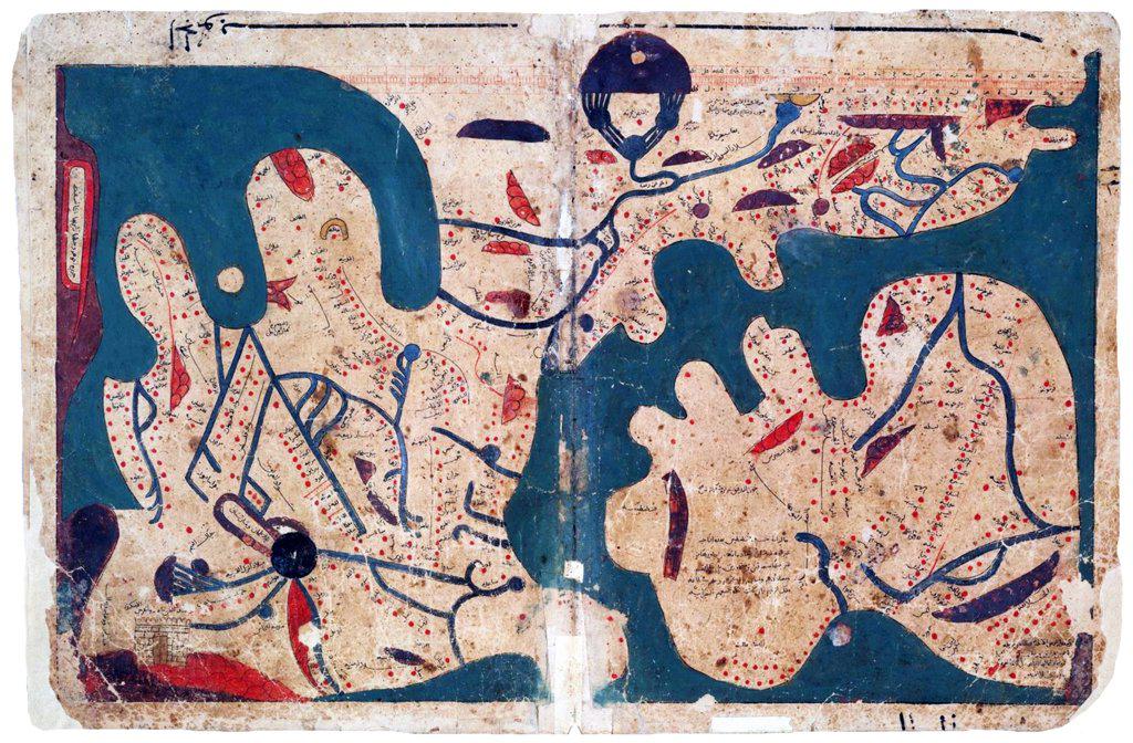 Egypt: Map of the world (south to the top), said to be the oldest rectangular map of the world, Kitab Ghara'ib al-funun wa-mulah al-'uyun ('The Book of Curiosities of the Sciences and Marvels for the Eyes'), 12th-13th Centuries