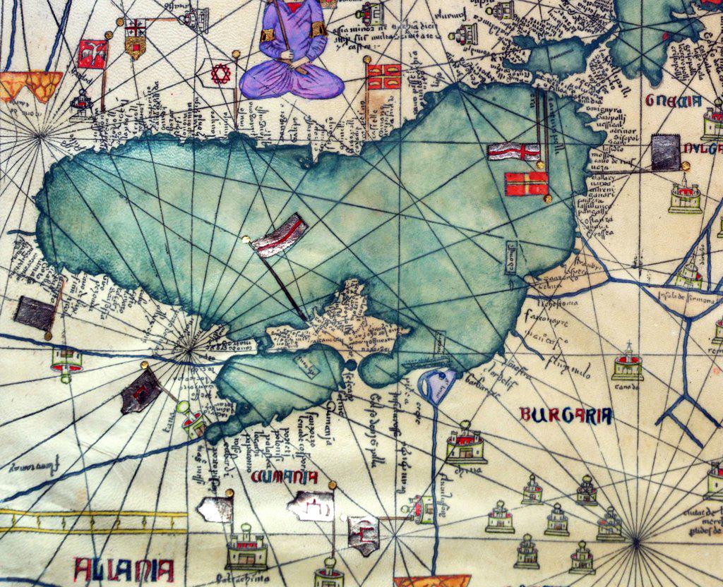 Spain/Catalonia: Egypt, Turkey, Bulgaria, Ukraine and the Black Sea (inverted) as represented in the Catalan Atlas, by the Jewish illustrator Cresques Abraham, 1375
