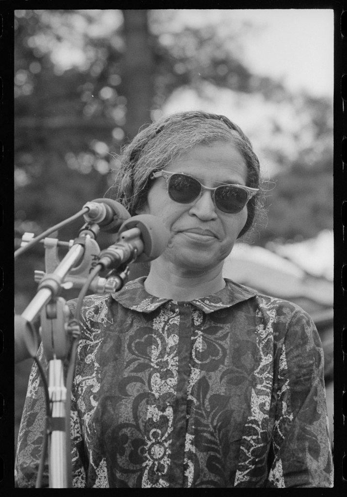 Rosa Parks speaks at a rally