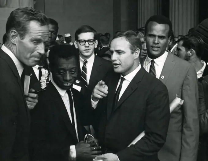 Actor Charleton Heston, writer James Baldwin, actor Marlon Brando and singer Harry Belafonte at March on Washington, 8/28/63. Rowland Scherman/GG Vintage Images/UIG