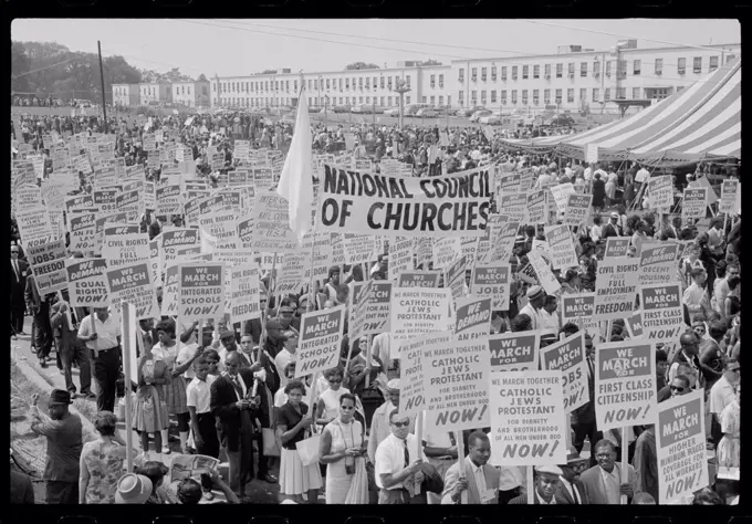 August 28, 1963 - Marchers, signs, and tent at the March on Washington, 1963. (Marion S. Trikosko/US News & World Report Collection/GG Vintage Images/UIG)