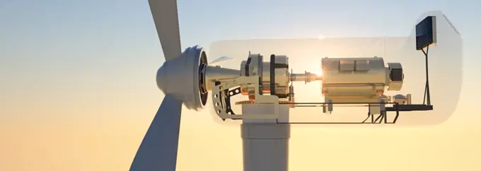 Cross section of large commercial wind turbine at sunset 3d render