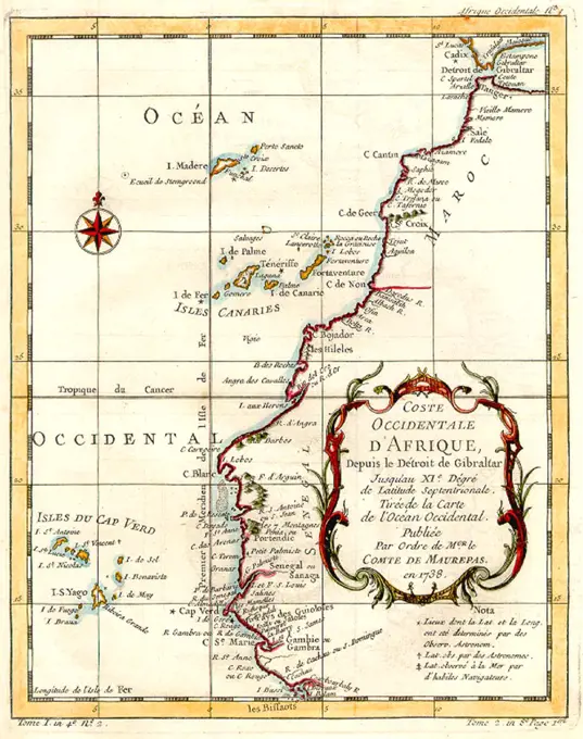 Coste Occidentale d'Afrique. Publiee par ordre du Comte de Maurepas en 1738. Taken from a work by Jacques Bellin (1703-1772).