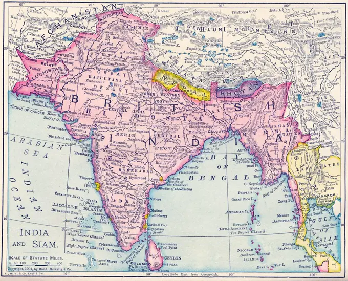 This map was produced at the height of British Imperial power and shows direct British rule extending all the way from Iran (Persia) to Thailand (Siam). Most of the contiguous Indian Ocean littoral, from South Africa to Singapore and Australia, was also under British administration or de facto control. It is relevant to note that the map shows Sikkim extending north into the present-day territory of China's Tibetan Autonomous Region. Similarly Darjeeling is shown in eastern Nepal, while Bhutan is elongated to the east and most of India's Arunachal Pradesh province is shown as part of the Qing Empire. In Kashmir, by contrast, the disputed Aksai Chin region, now under Chinese control, is shown as part of India.