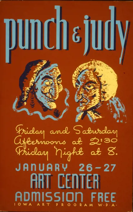 Poster for presentation of 'Punch & Judy' at the Sioux City(?) Art Center, showing bust illustrations of the two characters. 