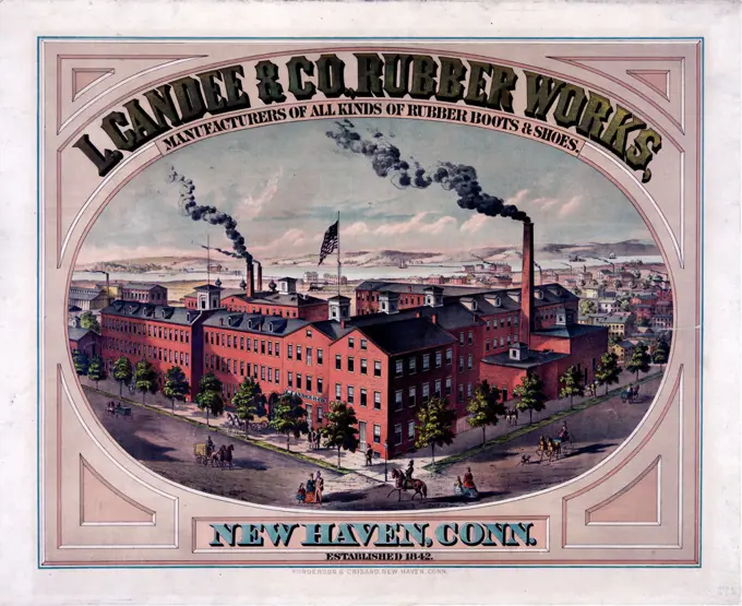 L. Candee & Co., Rubber Works, manufacturers of all kinds of rubber boots & shoes. New Haven, Conn. established 1842. 
