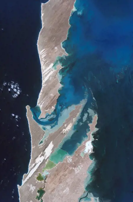 (12 November 2004) --- Shark Bay, Australia is featured in this image photographed by an Expedition 10 crewmember on the International Space Station (ISS). This image shows large solar salt works developed in Useless Loop and Useless Inlet, Shark Bay, Western Australia. The salt (sodium chloride) is produced when ponds are repeatedly flooded with seawater, which is progressively concentrated by evaporation. This particular salt farm opened in 1967 and expanded operations in the 1990s. Today, this salt farm comprises over 50 ponds, the newest pond in the outermost pond in Useless Inlet, which provides the first evaporation cycle to increase the salinity of the water prior to entering the next pond. Complex chemical and biological adjustments occur in the system each time the configuration of ponds is changed.. 
