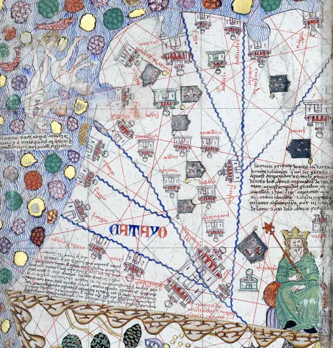 Spain/Catalonia: Cathay (inverted) and the Great Khan as represented in the Catalan Atlas, by the Jewish illustrator Cresques Abraham, 1375
