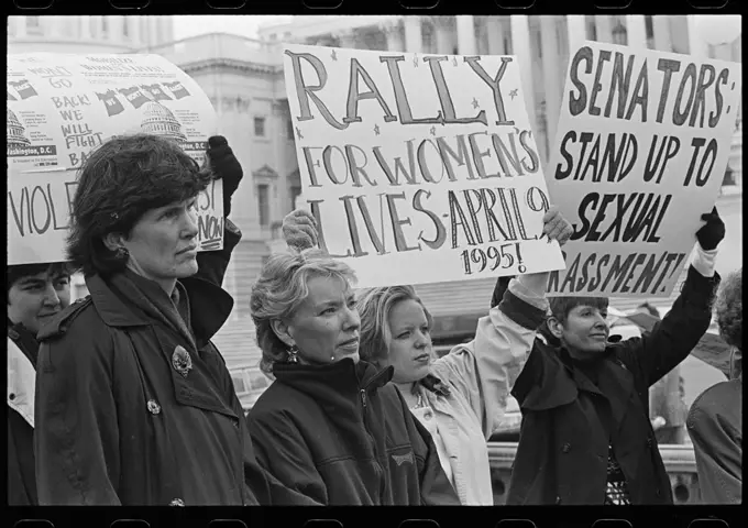 Women outside the U.S. Capitol holding signs supporting the National Organization for Women's 'Rally for Women's Lives' and against sexual harassment, probably in reference to the accusations against Senator Bob Packwood] Contributor Names  Keating, Maureen, photographer  Created / Published  1 April 1995