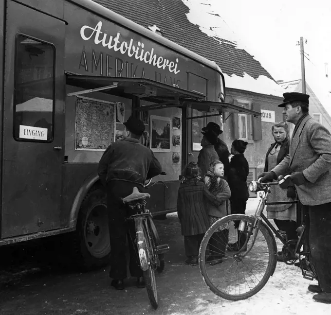 Mobile library from Amerika Haus somewhere in Europe after World War II (1950s?)